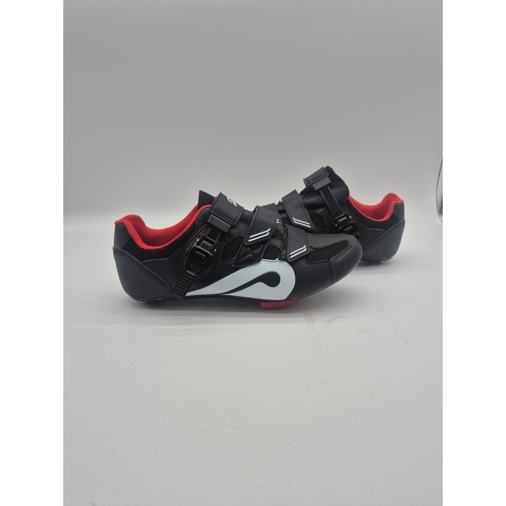 Peloton Road Cycling Shoes EU 44 Black/White/Red Hook & Loop Straps 3-Bolt